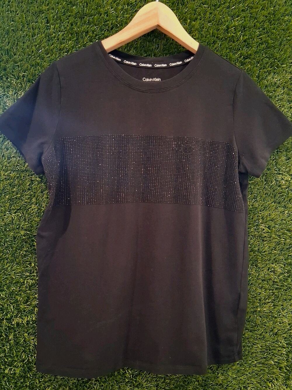 Calvin Klein Black Rhinestone Studded Graphic T-Shirt Women's Size Small S